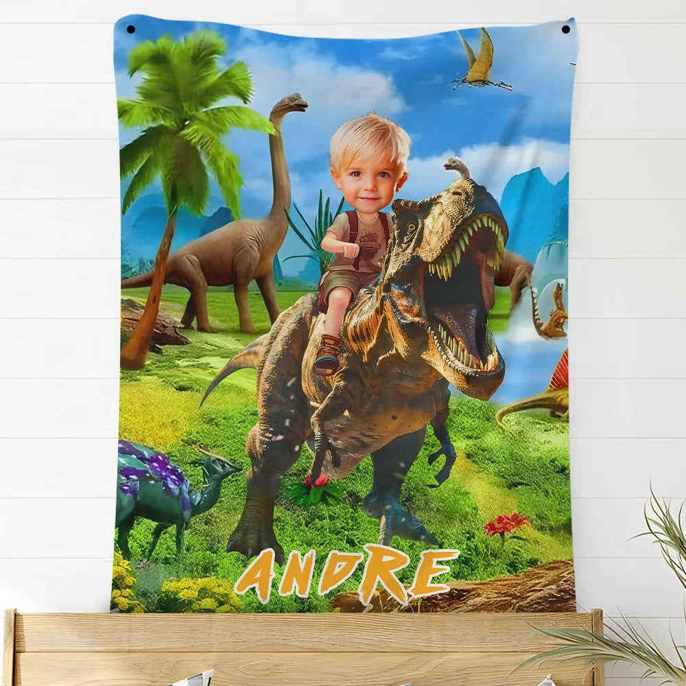 Personlig Filt / Handduk - Pojke rider pÄ dinosaurie