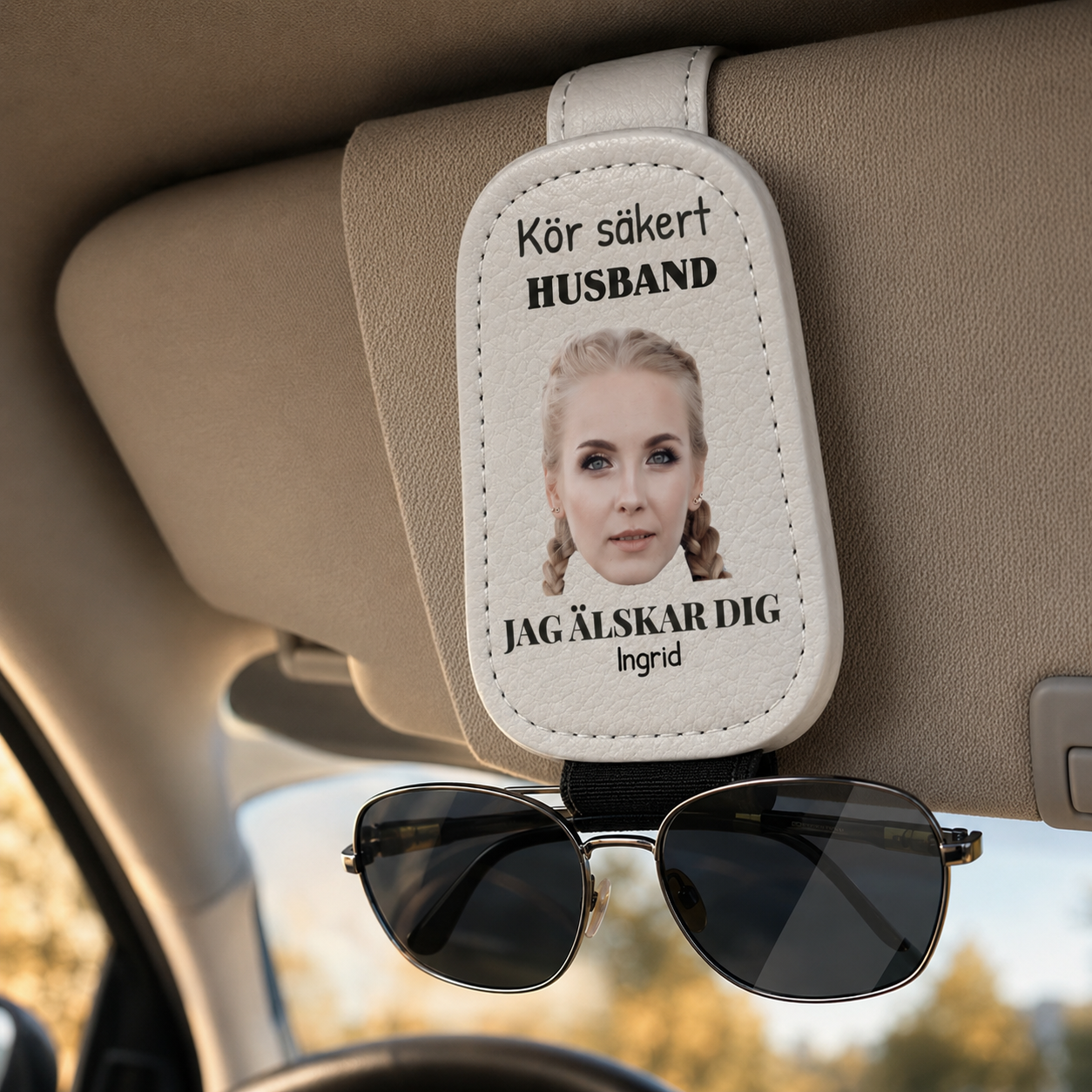 Personalisierter Brillenhalter fürs Auto – Foto & Liebesbotschaft für Papa
