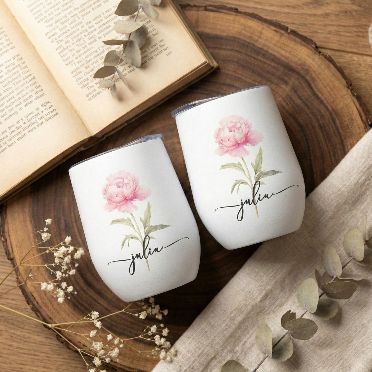 Personlig vinglass-tumbler – Fødselsblomst 350 ml