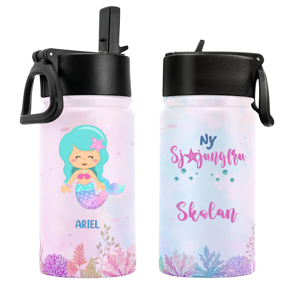 Personalisierte Trinkflasche für Kinder mit Strohhalmdeckel (350 ml) – Kleine Meerjungfrau in der Schule