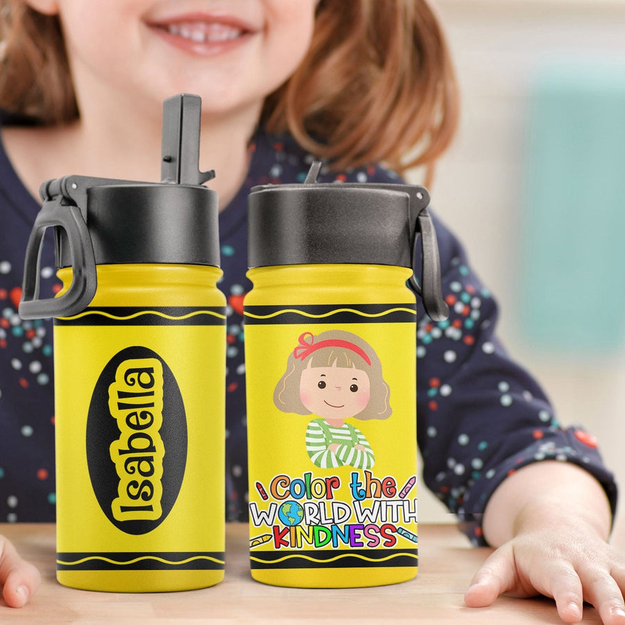 Personalisierte Trinkflasche für Kinder mit Strohhalmdeckel (350 ml) – Färbe deine Welt mit Freundlichkeit