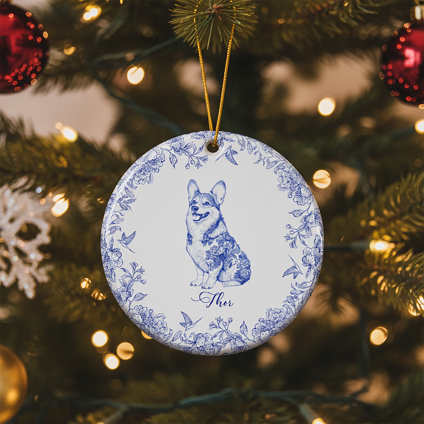Personalisierter Weihnachtsschmuck – Hundeliebhaber – Toile de Jouy im französischen Stil