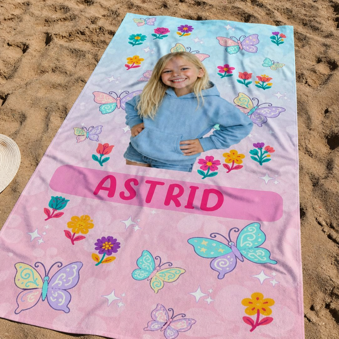 Personlig handduk för barn – Foto, namn & fjärilar