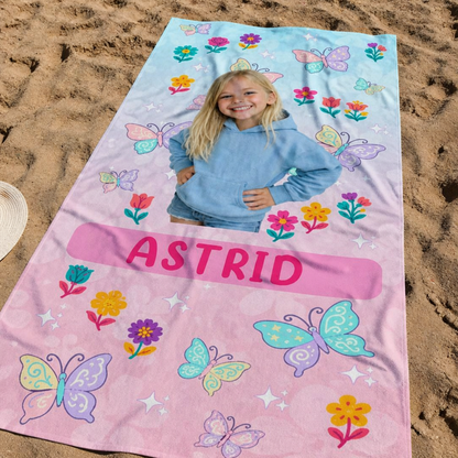 Personlig handduk för barn – Foto, namn & fjärilar