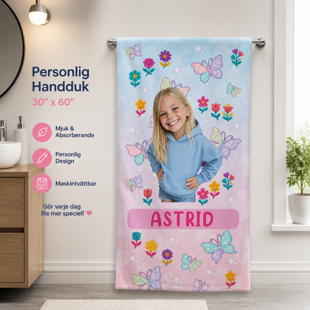 Personalisiertes Handtuch für Kinder – Foto, Name & Schmetterlinge