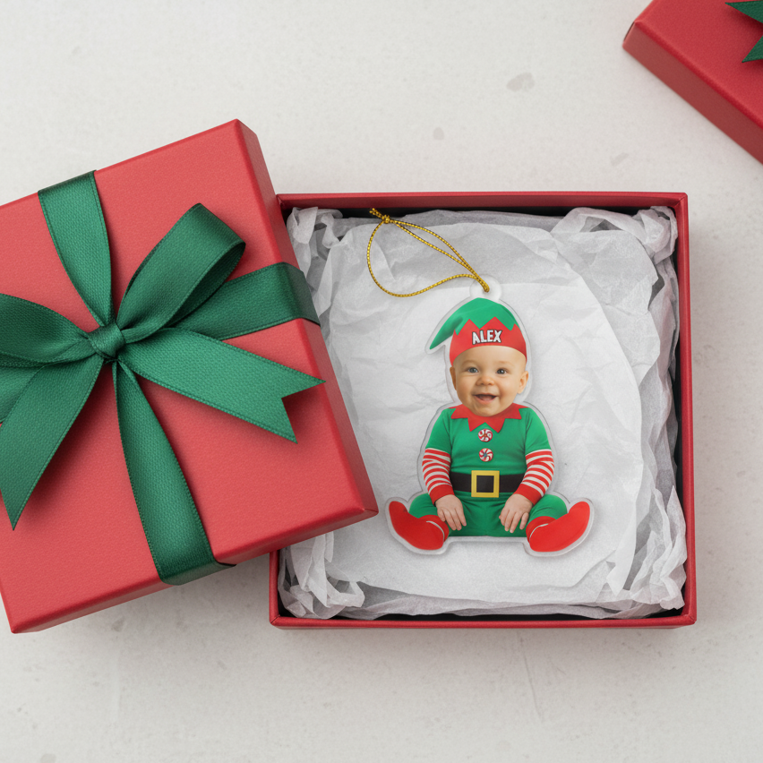 Personalisierte Weihnachtsdeko – Baby im Wichtelkostüm