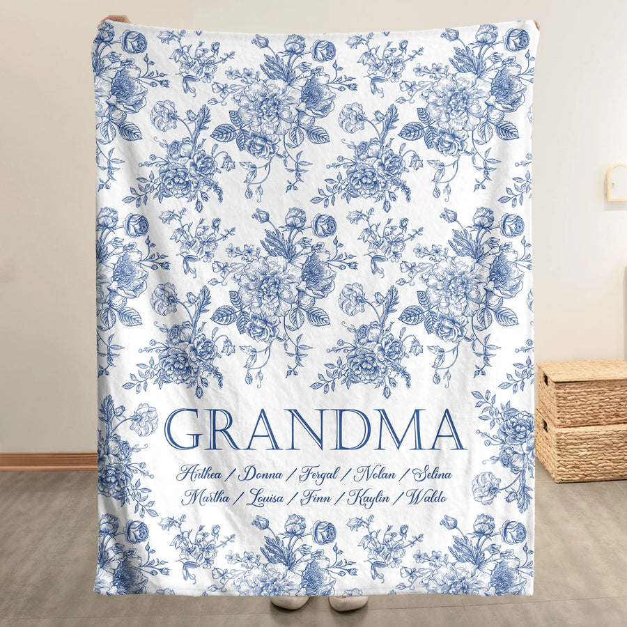 Personalisierte Decke – Namen der Enkelkinder im Toile-de-Jouy-Stil
