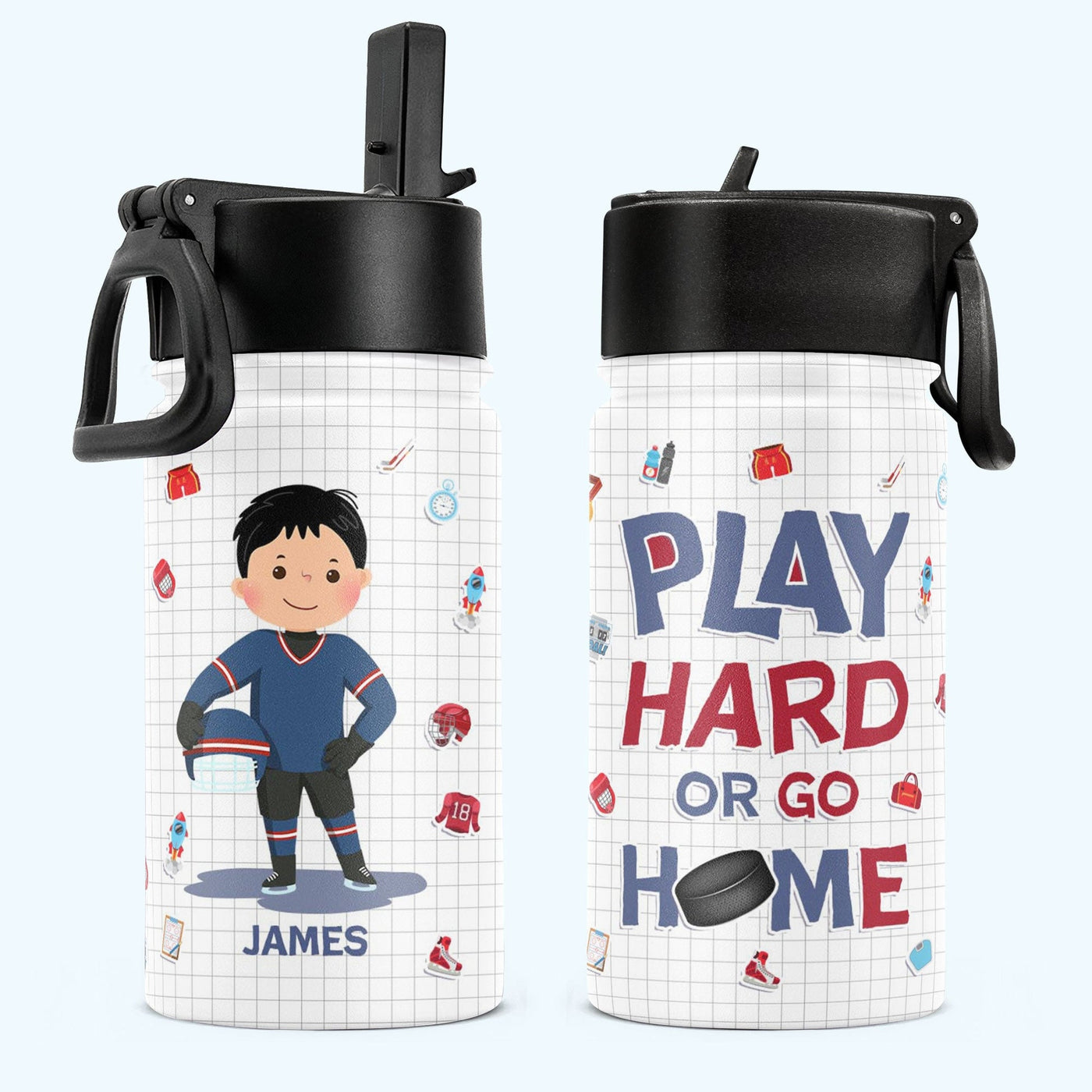 Personalisierte Flasche für Kinder mit Strohhalmdeckel (350 ml) – Eishockey Play Hard Or Go Home