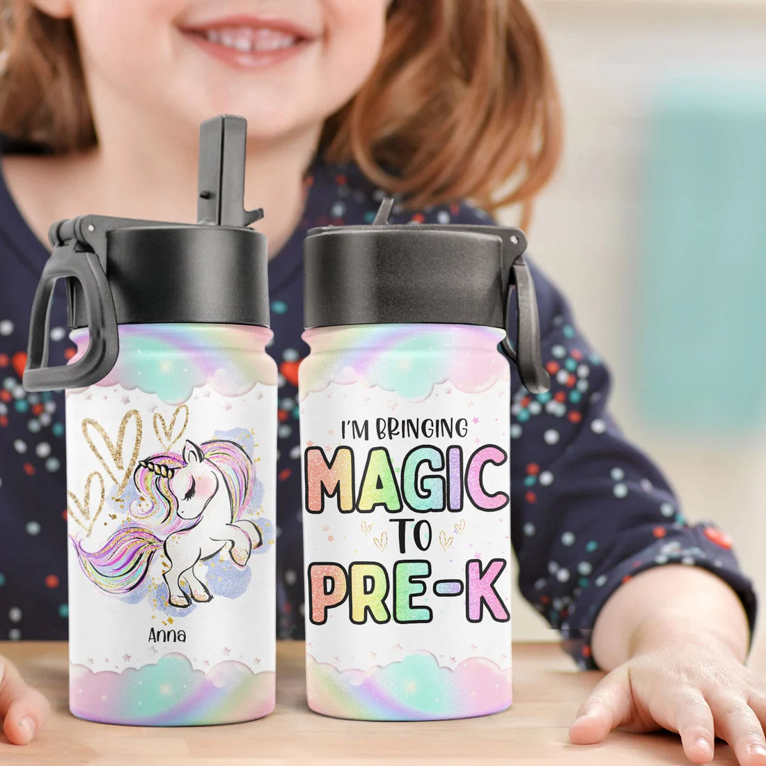 Personalisierte Flasche für Kinder mit Strohhalmdeckel (350 ml) – Ich bringe Magie mit in die Schule