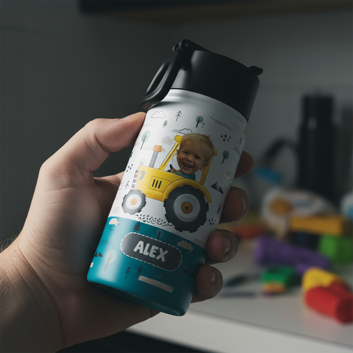 Personalisierte Flasche für Kinder mit Strohhalmdeckel (350 ml) – Fahrzeuge (Foto)