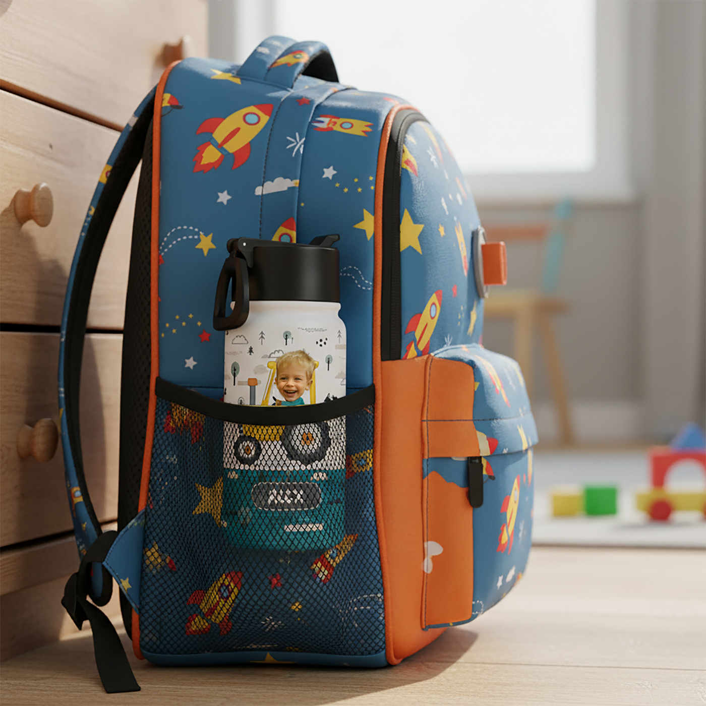 Personalisierte Flasche für Kinder mit Strohhalmdeckel (350 ml) – Fahrzeuge (Foto)