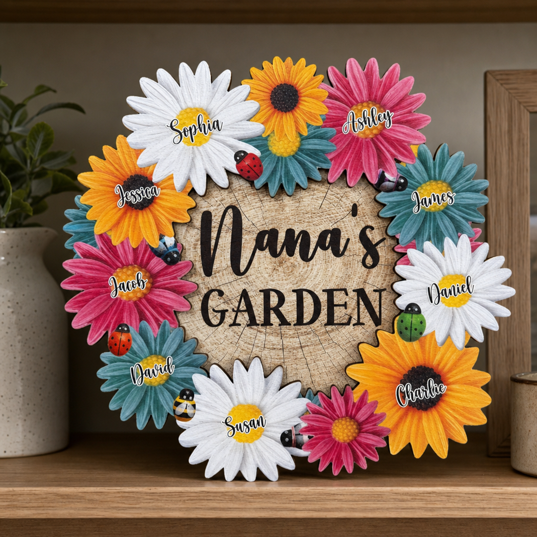 Personlig treskilt – Bestemors blomsterhage med navn