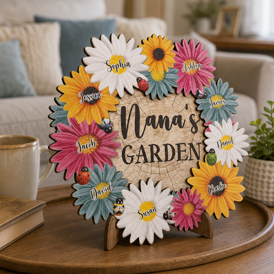 Personlig treskilt – Bestemors blomsterhage med navn