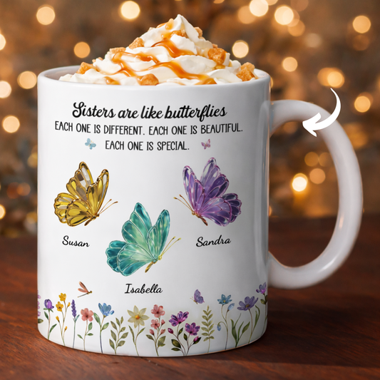 Personlig Mugg - Systrar är som fjärilar