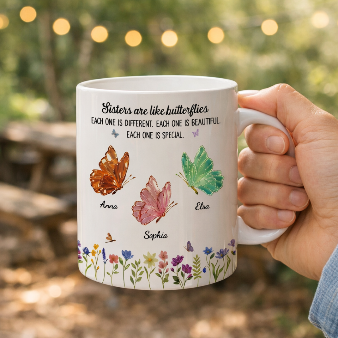 Personlig Mugg - Systrar är som fjärilar