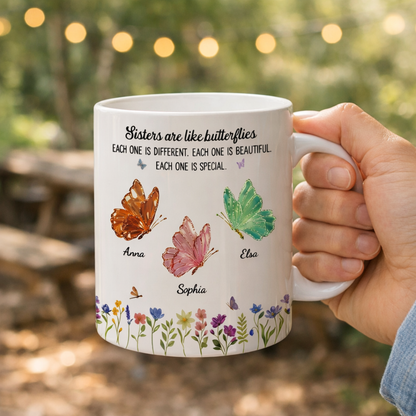 Personlig Mugg - Systrar är som fjärilar
