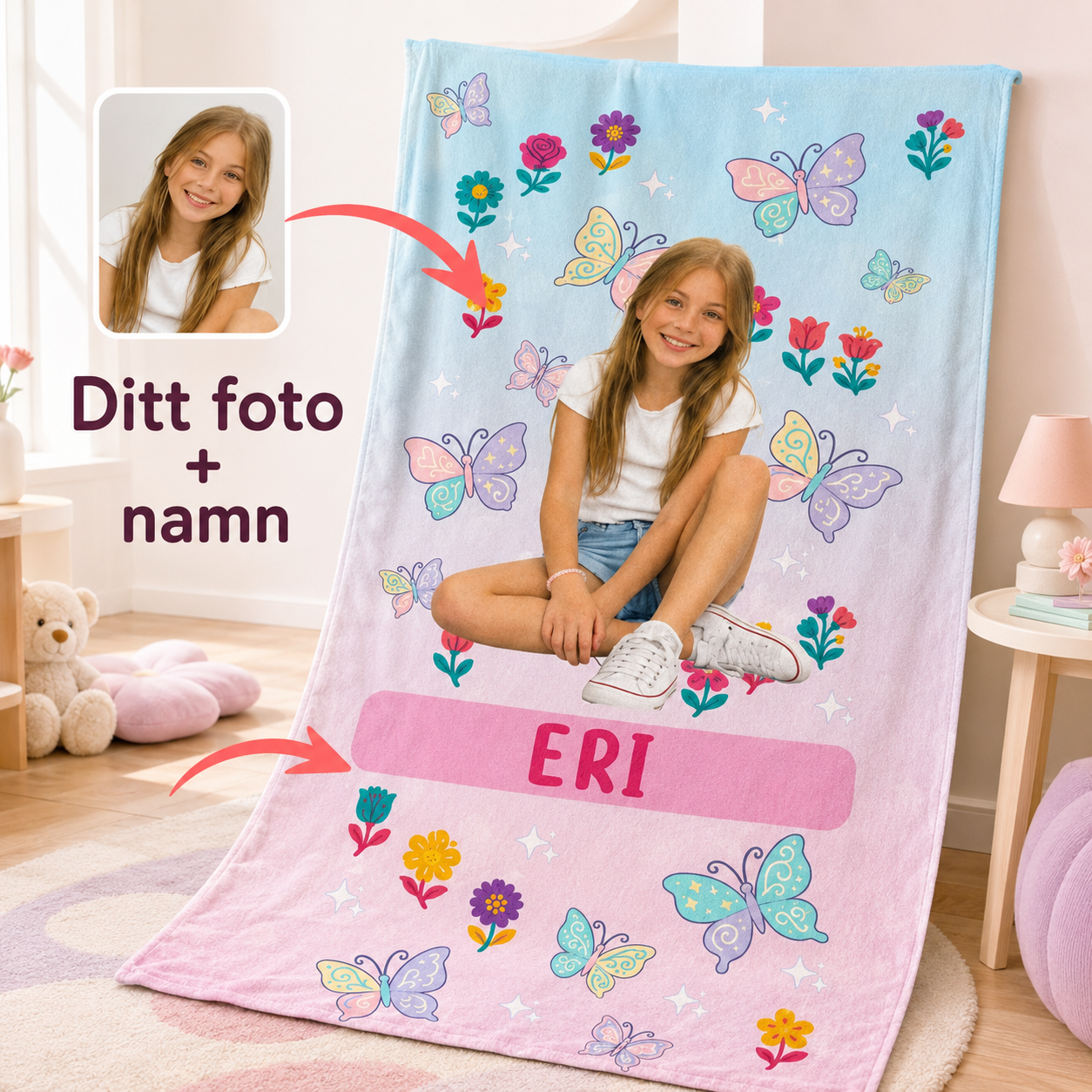 Personlig handduk för barn – Foto, namn & fjärilar