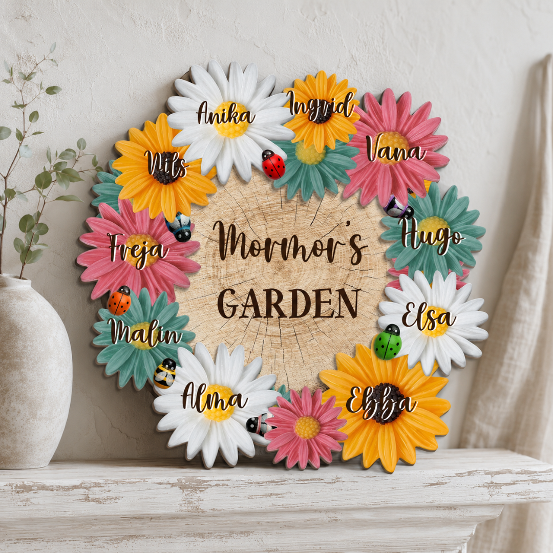 Personlig treskilt – Bestemors blomsterhage med navn