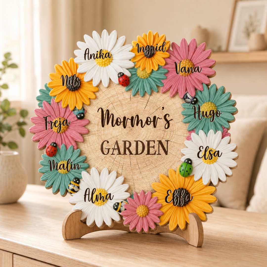 Personlig treskilt – Bestemors blomsterhage med navn