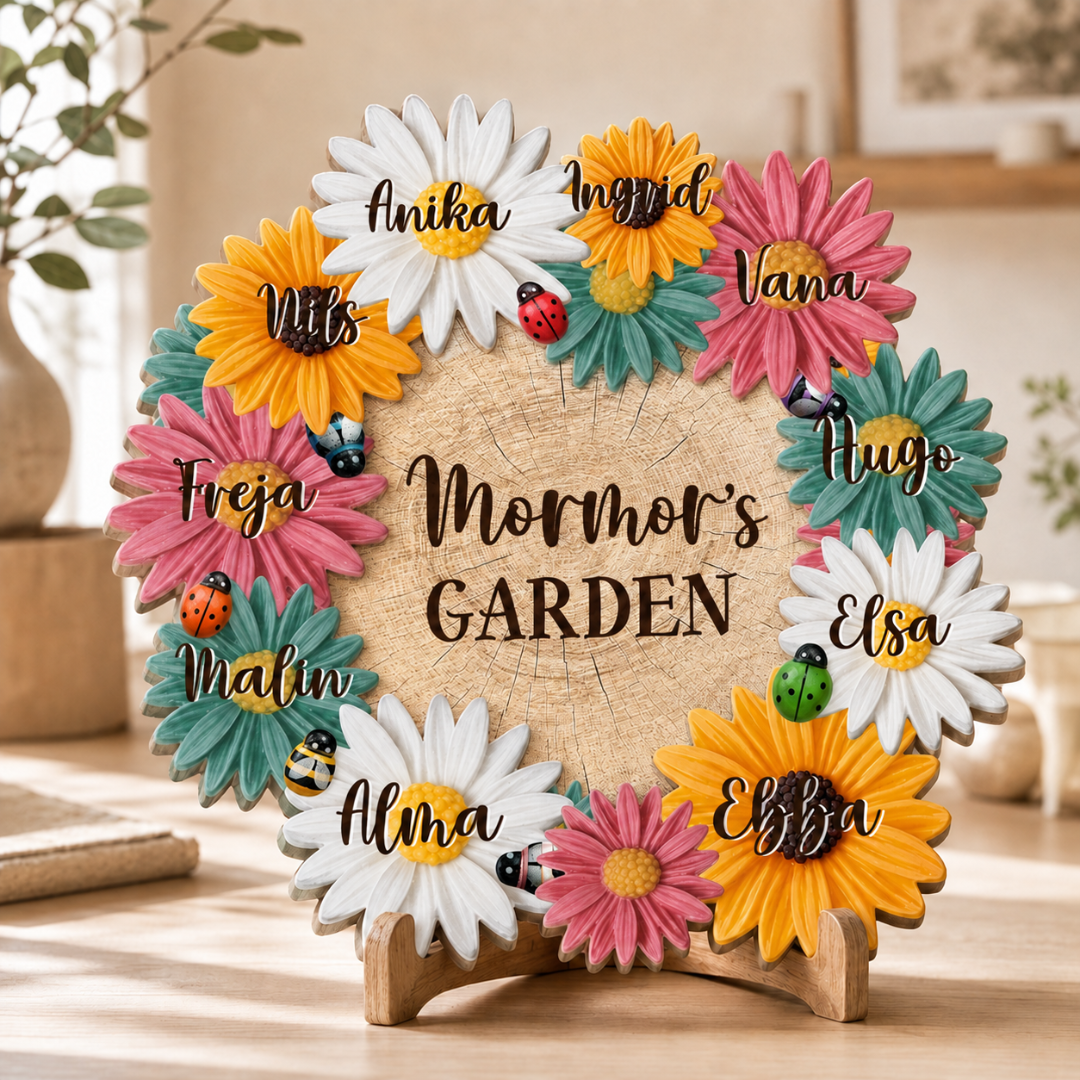 Personlig treskilt – Bestemors blomsterhage med navn