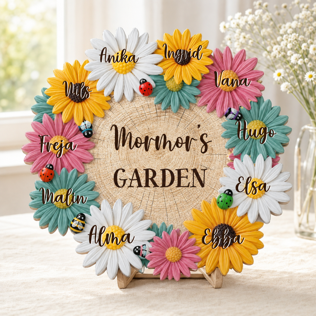 Personlig treskilt – Bestemors blomsterhage med navn