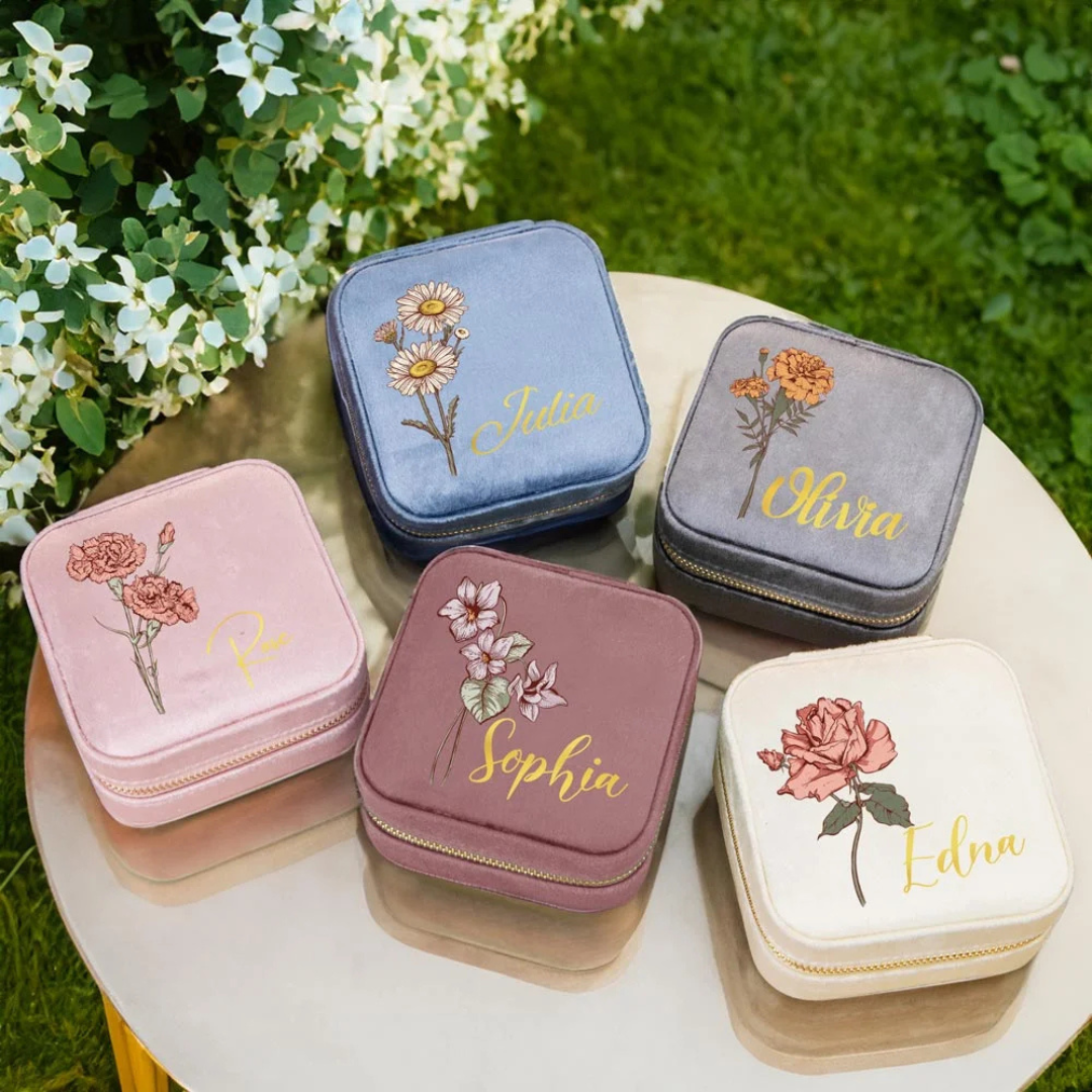 Personlig portabel smyckesask i sammet - Födelseblomma