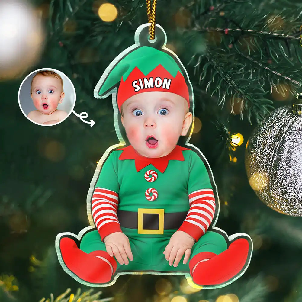Personalisierte Weihnachtsdeko – Baby im Wichtelkostüm