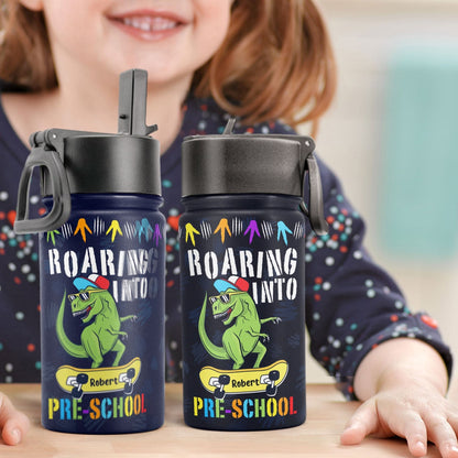 Personalisierte Trinkflasche für Kinder mit Strohhalmdeckel (350 ml) – Brüllt los Richtung Schule