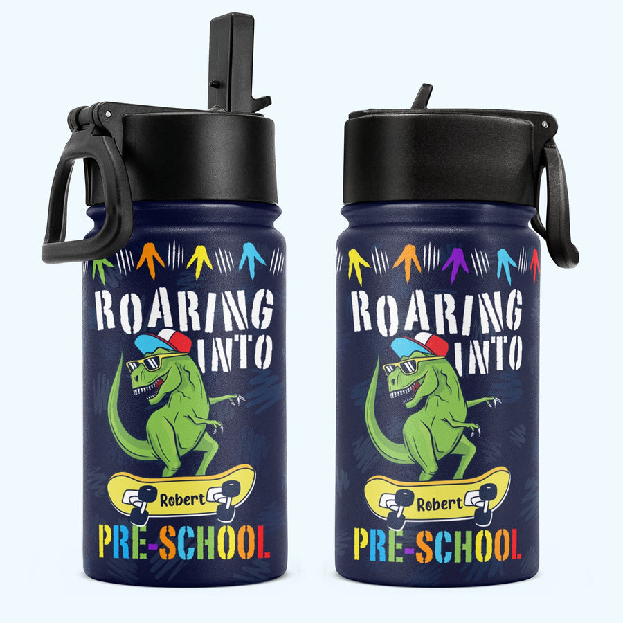 Personalisierte Trinkflasche für Kinder mit Strohhalmdeckel (350 ml) – Brüllt los Richtung Schule