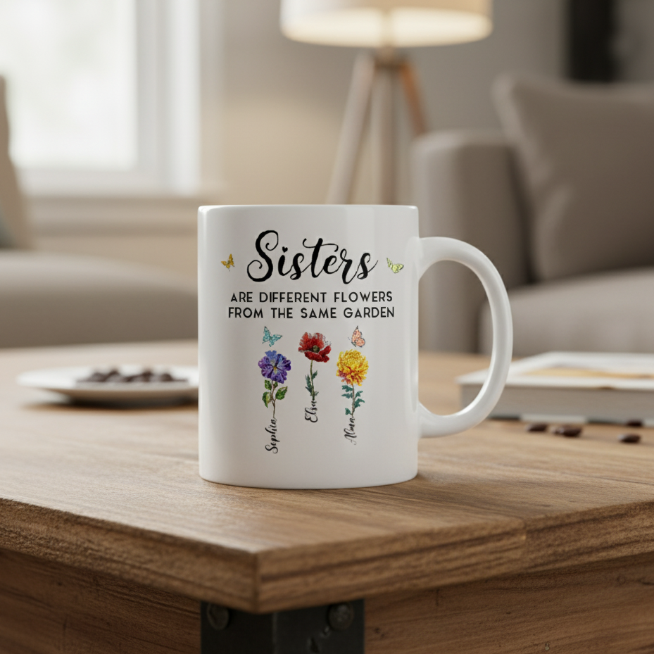 Personalisierte Tasse – Schwestern sind verschiedene Blumen