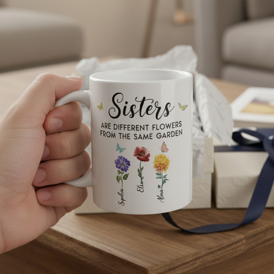Personalisierte Tasse – Schwestern sind verschiedene Blumen