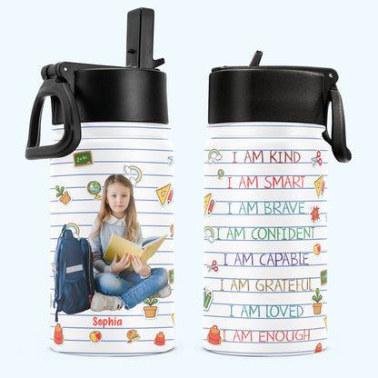 Personalisierte Trinkflasche für Kinder mit Strohhalmdeckel (350 ml) – Klug, Geliebt, Mutig (Foto)