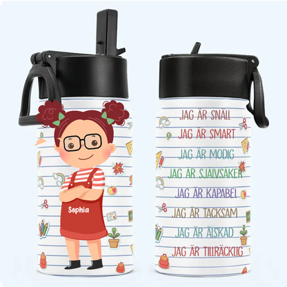 Personalisierte Trinkflasche für Kinder mit Strohhalmdeckel (350 ml) – Klug, Geliebt, Mutig
