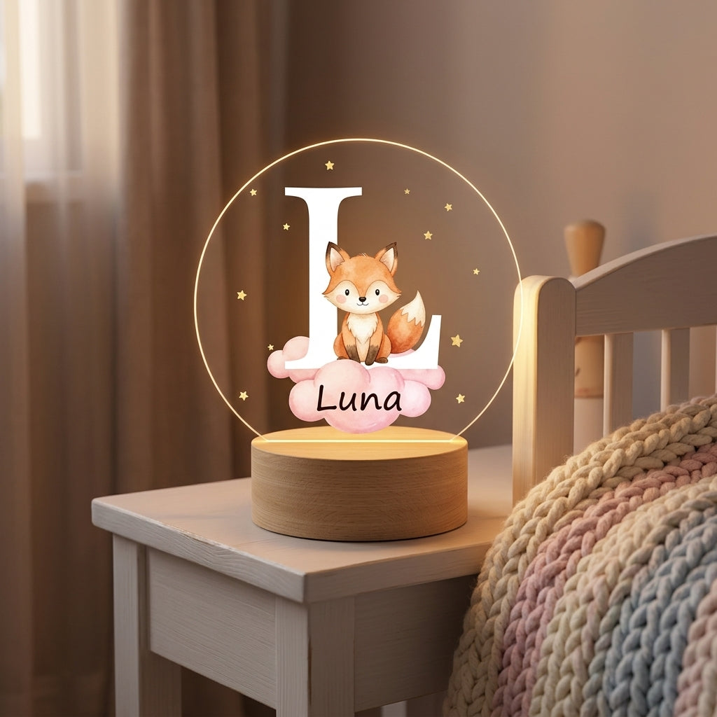 Personligt LED-nattljus med bokstaven L, räv och namnet Luna vid barnsäng