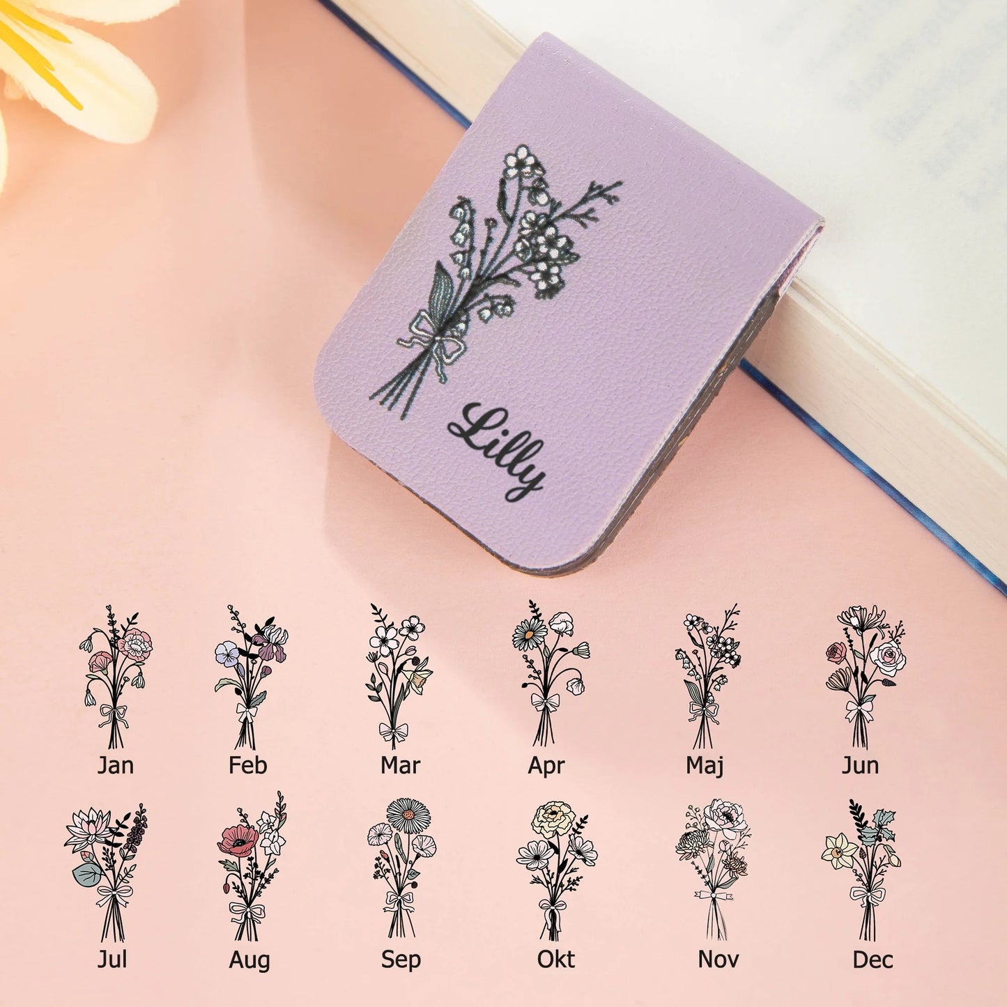 Anpassat magnetiskt bokmärke i läder - Födelseblomma