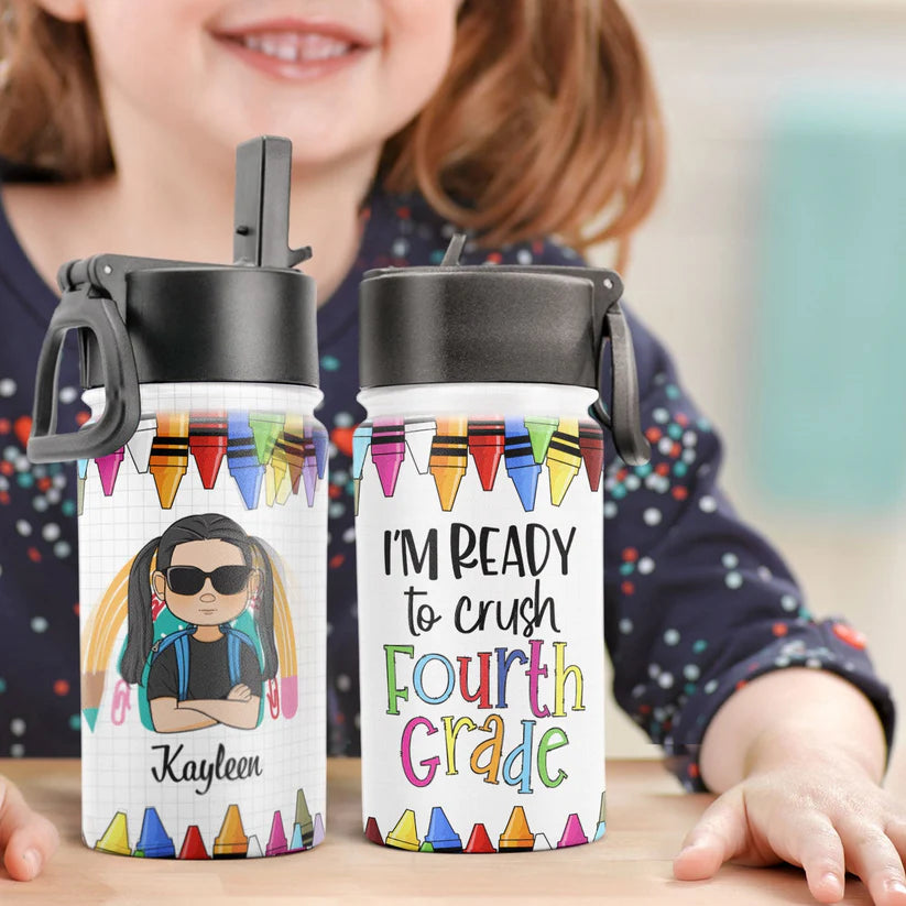 Personalisierte Trinkflasche für Kinder mit Strohhalmdeckel (350 ml) – Bereit, alles zu rocken