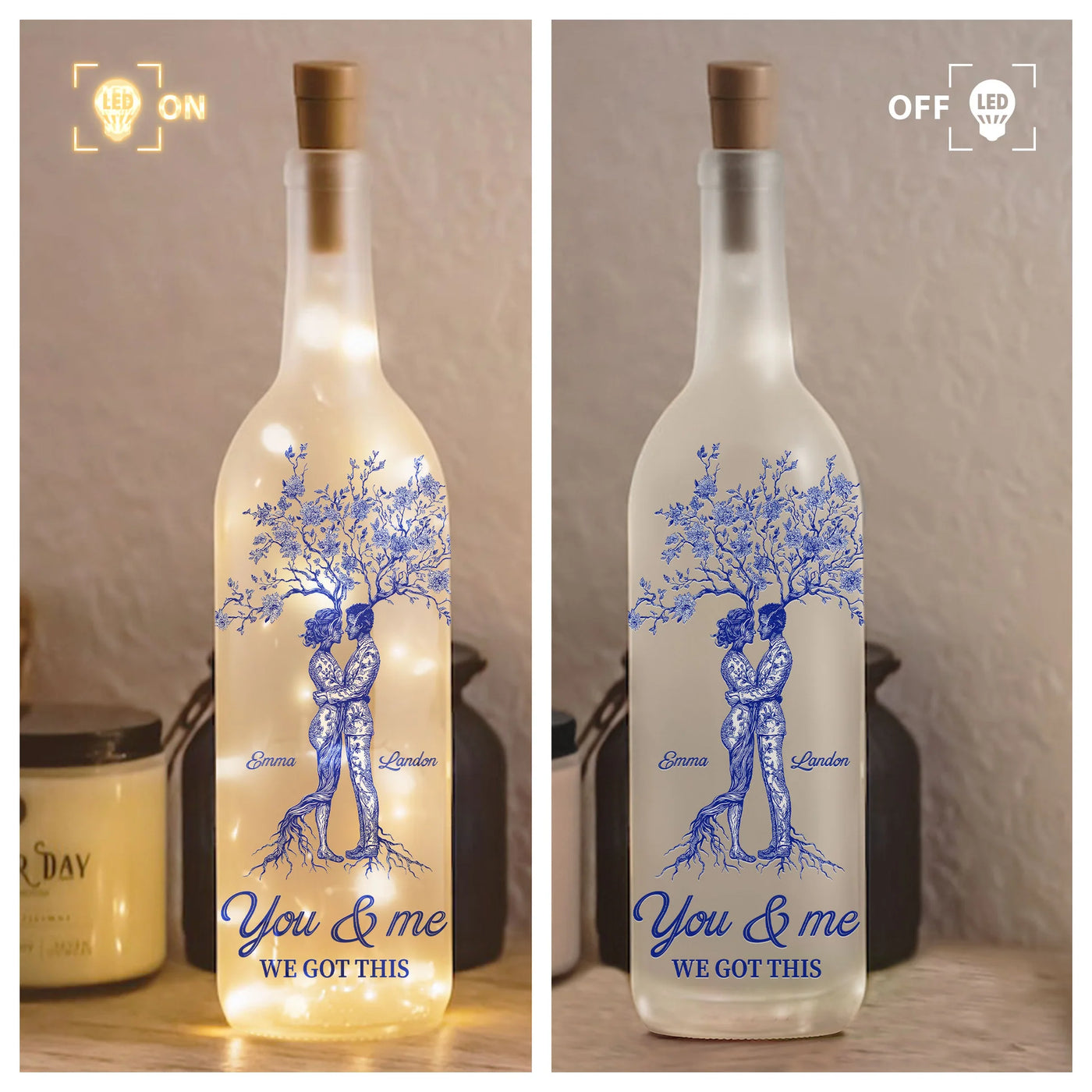 Personalisierte Flaschenlampe – Hochzeitstagsgeschenk im Toile-de-Jouy-Stil