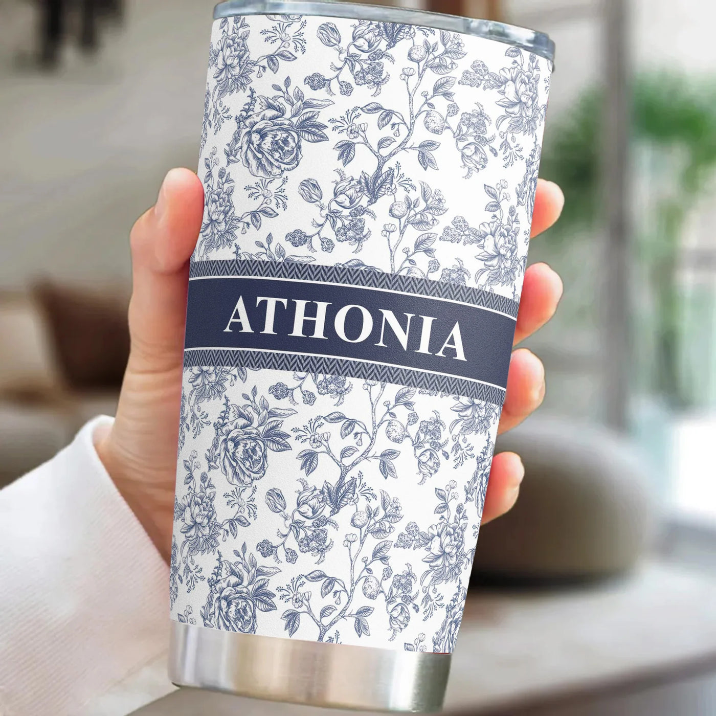 Personalisierter Thermobecher – Blumen-Toile de Jouy im französischen Stil