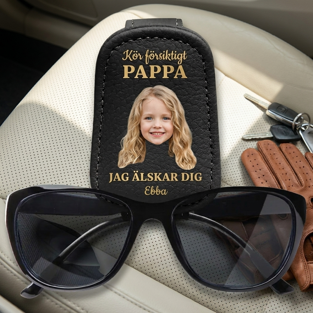 Personalisierter Brillenhalter fürs Auto – Foto & Liebesbotschaft für Papa