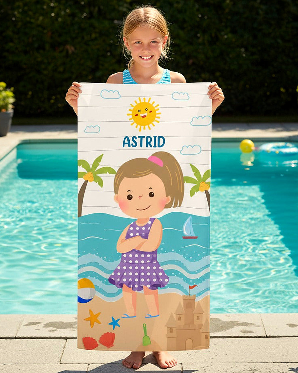 Astrid med sin personliga handduk vid poolen