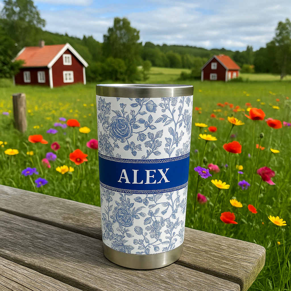 Personalisierter Thermobecher – Blumen-Toile de Jouy im französischen Stil